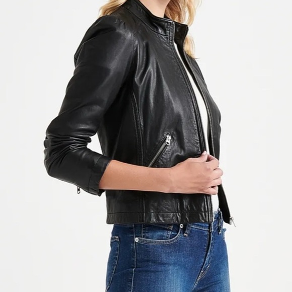 Women's lucky brand Puff sleeve Black Leather Jacket size xs - Picture 2 of 6
